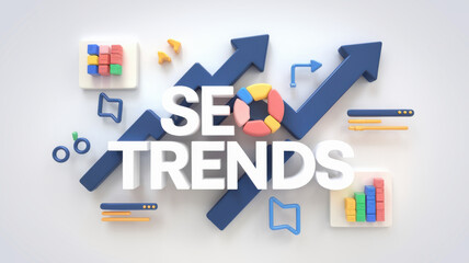 SEO trends with colorful graphs and icons representing data analysis