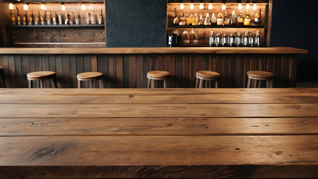 Empty wooden tabletop in a bar, ideal mockup for product presentations or menu displays in a cafe atmosphere.