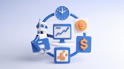 Automated robot with financial icons and clock, representing efficiency