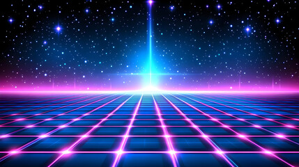 Obraz premium Neon Grid Abstract Background with Stars and Lights