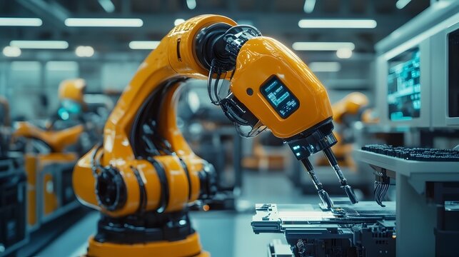 High Tech Orange Robotic Arm Carrying Out Automated Industrial Manufacturing Process