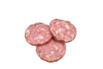 Sausage cut into circles lies on a white background.