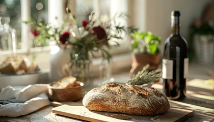 A freshly baked loaf of sourdough bread on a wooden cutting board with a bottle of wine and a sprig of rosemary in the background.