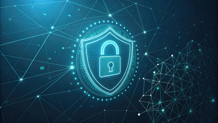 glowing lock icon on shield, symbolizing digital security and encryption