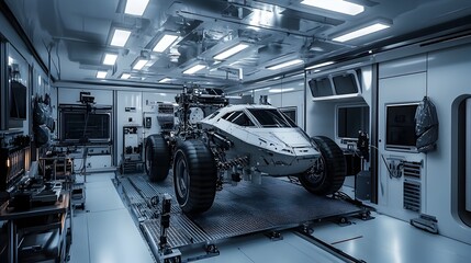 Modern Automotive Repair Workshop with Futuristic Vehicle