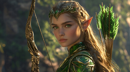 Mystical Female Elf Archer in Vibrant Fantasy Portrait Set in Enchanted Forest
