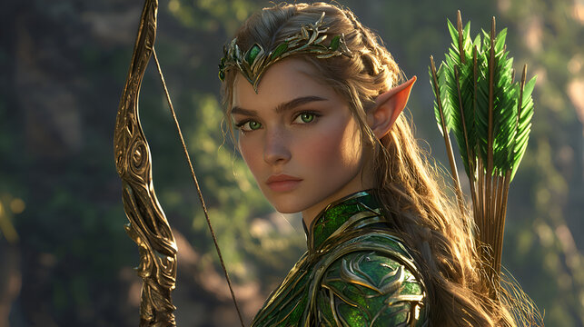 Mystical Female Elf Archer in Vibrant Fantasy Portrait Set in Enchanted Forest
