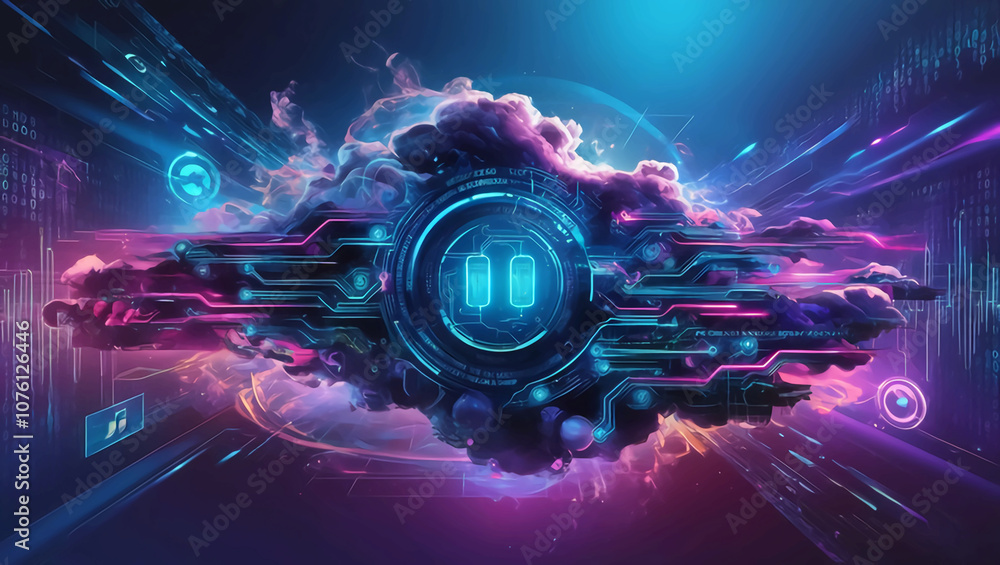 Poster a futuristic digital landscape with a mesmerizing blend of neon-lit circuits, swirling clouds of bin