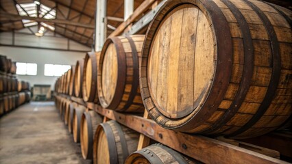 Rustic Charm: Close-up of Stacked Wooden Barrels Highlighting Intricate Grain Patterns and Aged Textures for Food Photography