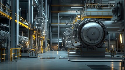Fototapeta premium Industrial Factory Interior with Large Metal Machinery and Illumination