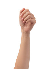 Woman hands with nude manicure isolated on a white background.