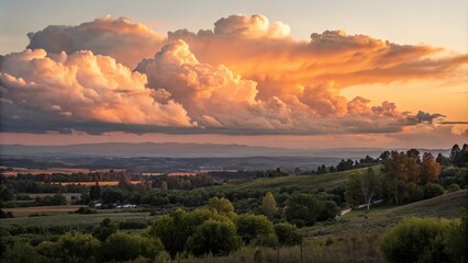 Fototapeta premium Softly glowing clouds float across the sky at sunset, casting a warm orange hue over the landscape, sunset, sky, horizon