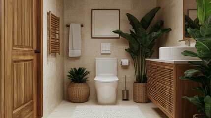 A modern bathroom featuring natural elements, wooden accents, greenery, and minimalist decor, creating a serene and stylish atmosphere.