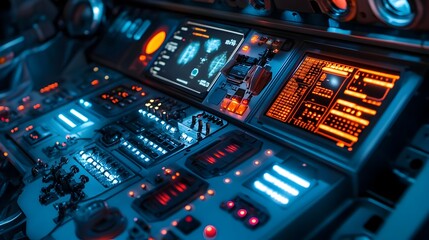 Obraz premium Sleek Futuristic Aircraft Cockpit Dashboard with Advanced Digital Instrumentation and Controls