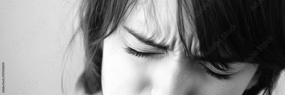 Poster a close-up of a person with a pained expression, conveying emotion and introspection.
