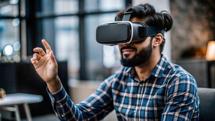 Indian Developer Testing VR/AR Applications – An Indian developer testing augmented or virtual reality applications, using specialized headsets.
