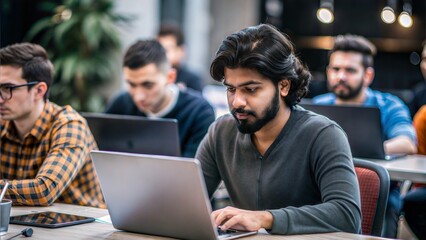 Fototapeta premium Indian Coder in Hackathon Event – An Indian coder actively participating in a hackathon, surrounded by other tech enthusiasts and laptops. 