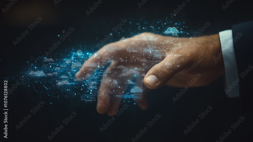 Poster a hand is reaching out to touch a screen with a blue background. the hand is surrounded by a lot of 