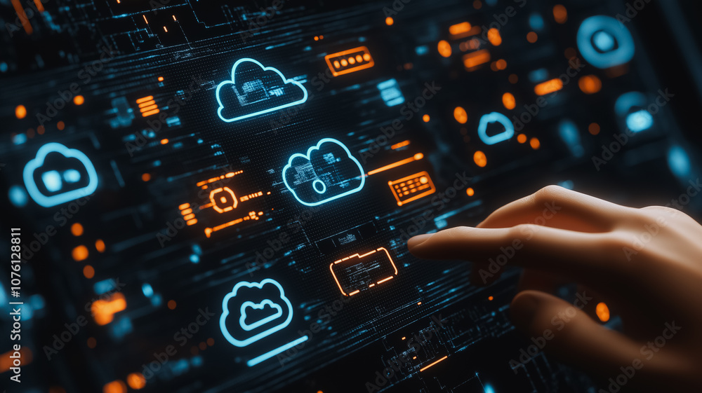 Poster a hand is pointing at a computer screen with a blue cloud and a red cloud. the blue cloud is labeled