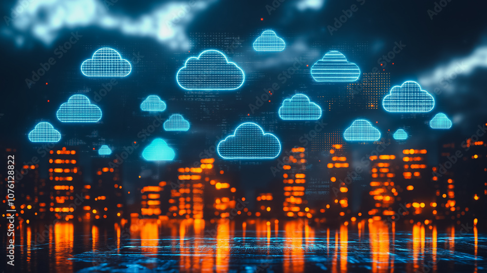 Poster a city skyline with a large number of clouds in the sky. the clouds are lit up in blue and orange, c