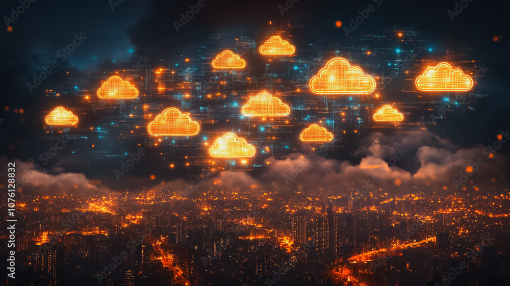Poster a city skyline with a large number of clouds and a few of them are orange. the clouds are scattered 