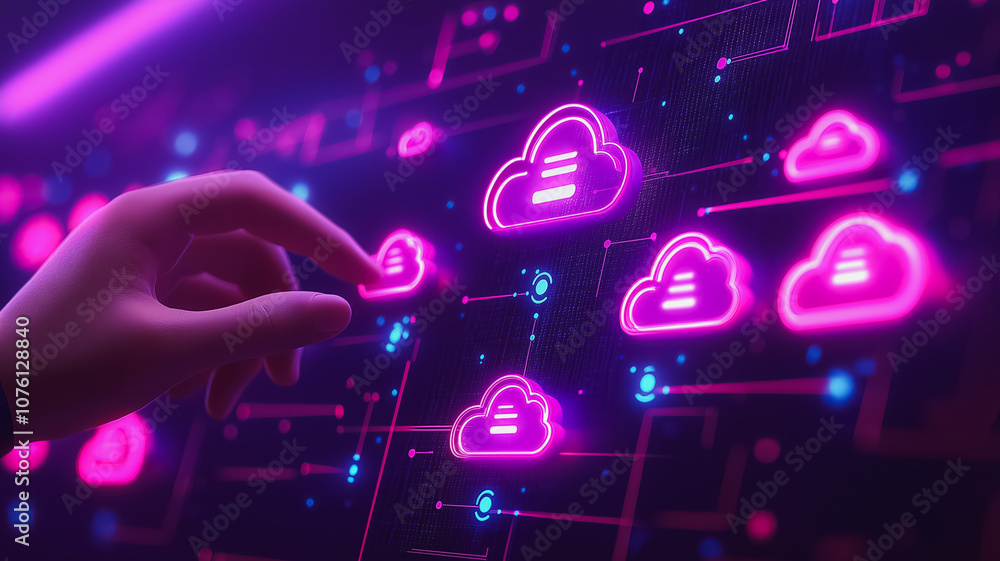 Poster a hand is touching a screen with a cloud icon. concept of technology and the importance of data stor