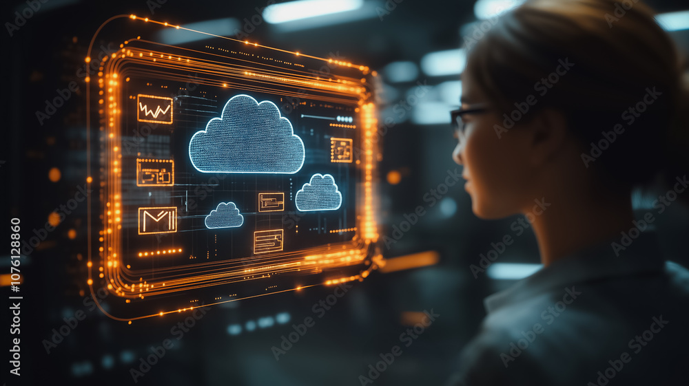 Poster a woman is looking at a computer screen with a cloud symbol on it. concept of technology and innovat