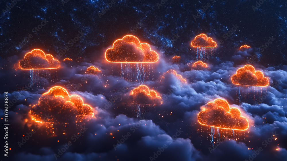 Poster a series of orange and blue clouds with fire in the middle. the clouds are lit up and appear to be r