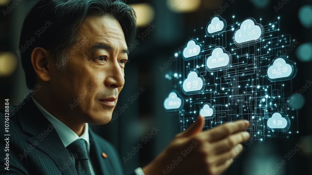 Poster a man is looking at a computer screen with a cloud image. the image is a representation of the cloud