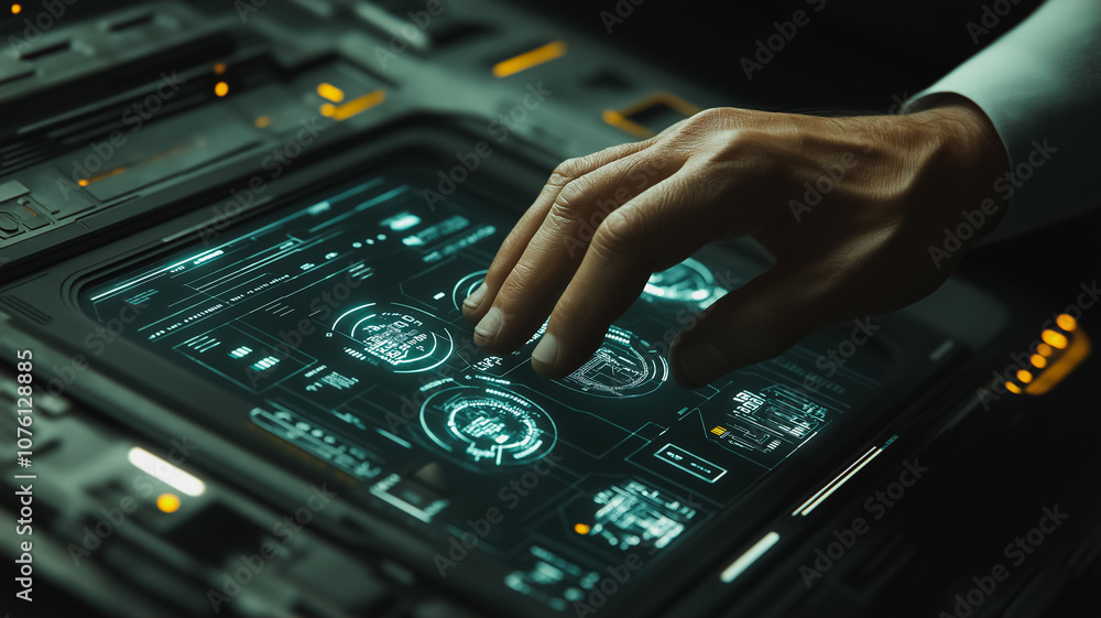 Poster a man is touching a computer screen with his hand. the screen is filled with various icons and butto