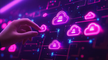 A hand is touching a screen with a cloud icon. Concept of technology and the importance of data storage. Scene is futuristic and innovative