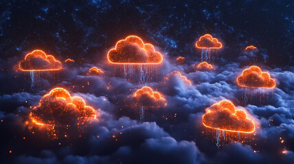 A series of orange and blue clouds with fire in the middle. The clouds are lit up and appear to be raining fire. Scene is intense and dramatic