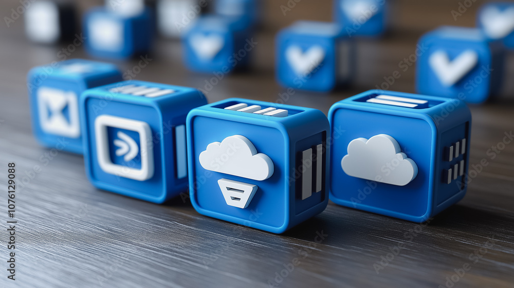 Poster a row of blue blocks with cloud icons on them. the blocks are arranged in a way that they look like 