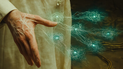 Fototapeta premium A hand is shown with a green glow surrounding it, with the fingers pointing to the sky. Concept of wonder and awe, as if the hand is reaching out to touch the stars