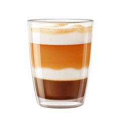 Layered coffee beverage in a glass, white isolated background.