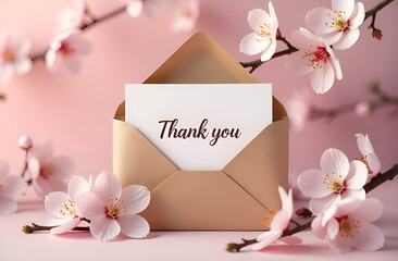 Delicate composition, craft paper envelope with a thank you card, surrounded by delicate cherry blossoms in soft sunlight. Selective focus. Blurred background.