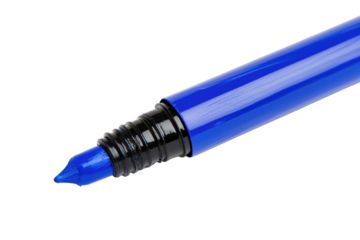 Blue marker pen with a black cap on a white isolated background.