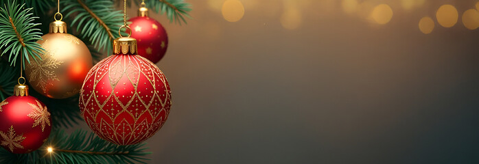 Christmas balls hanging with gold, glitter, shiny and glossy elements. Holiday season greeting card. Selective focus, blurred background.
