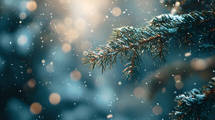 Magical Winter Landscape with Snowy Pine Trees and Soft Focus Bokeh Background