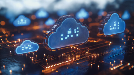 A computer chip with a blue cloud on it. The chip is surrounded by other chips with blue clouds