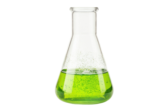 Green liquid in a laboratory flask on white isolate background.