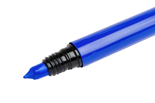 Blue marker pen with a black cap on a white isolated background.