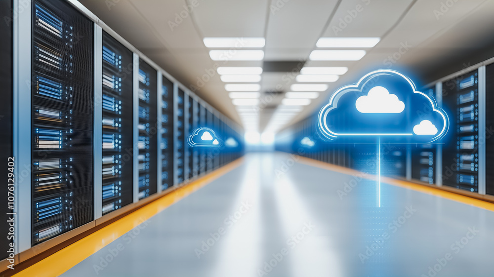 Poster a computer server room with a cloud symbol on the floor. the room is filled with rows of servers and
