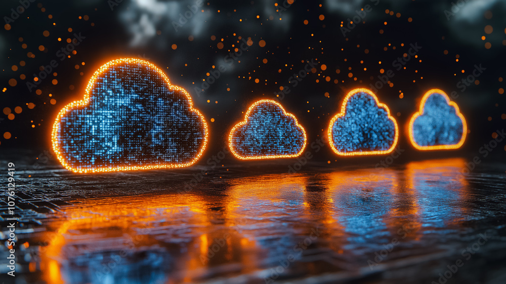 Poster a series of four glowing clouds are floating in the water. the clouds are illuminated with a bright 