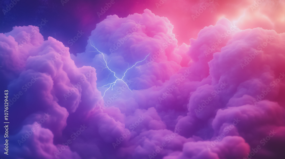 Poster a purple and pink cloud with a lightning bolt in the middle. the sky is filled with clouds and the l