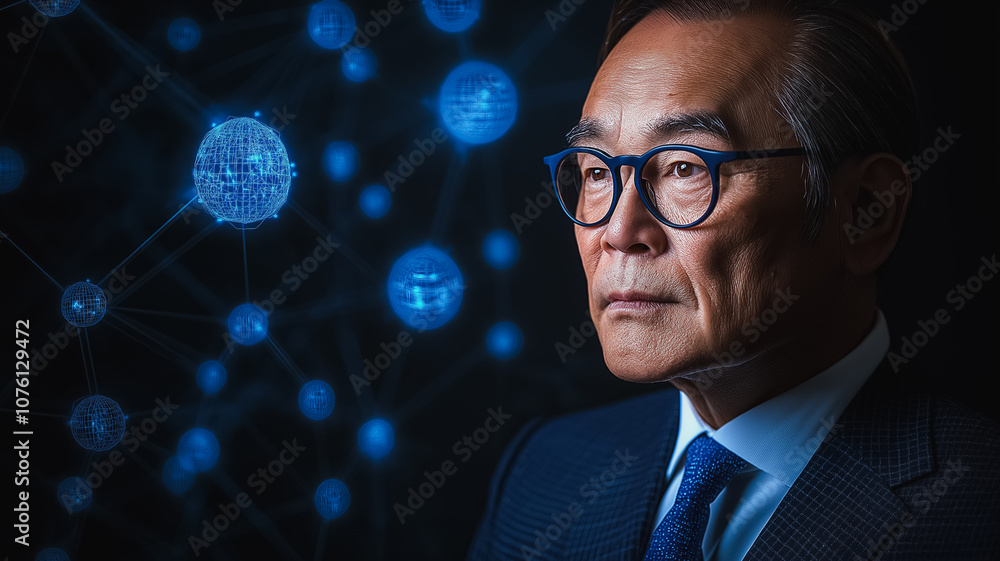 Aufkleber a man in a suit and glasses is looking at a blue background with many dots. the background is a repr