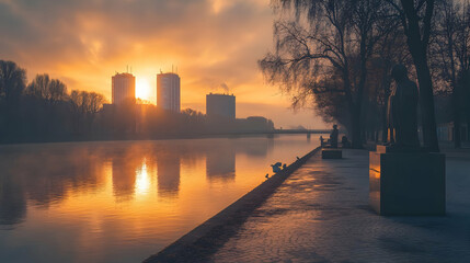 Sunrise Over the River with Buildings and Fog - Photo