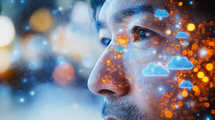 A man's face is covered in clouds and the background is a blurry cityscape. The man's eyes are open and staring into the distance. Concept of wonder and curiosity