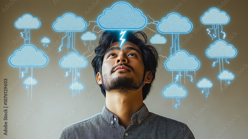 Poster a man with a beard is looking up at a cloud of clouds. the clouds are all different shapes and sizes