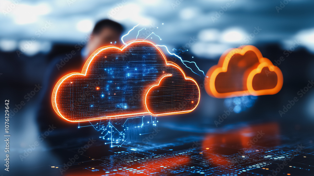 Poster a man is standing behind a computer screen with two clouds on it. the clouds are orange and blue and